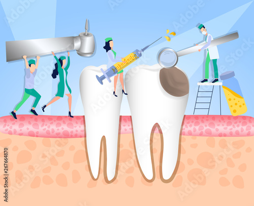 The clinic provides diagnosis of a tooth affected with caries. Violation of enamel, tooth infection, bacteria. Dentistry, treatment of toothache. Vector illustration