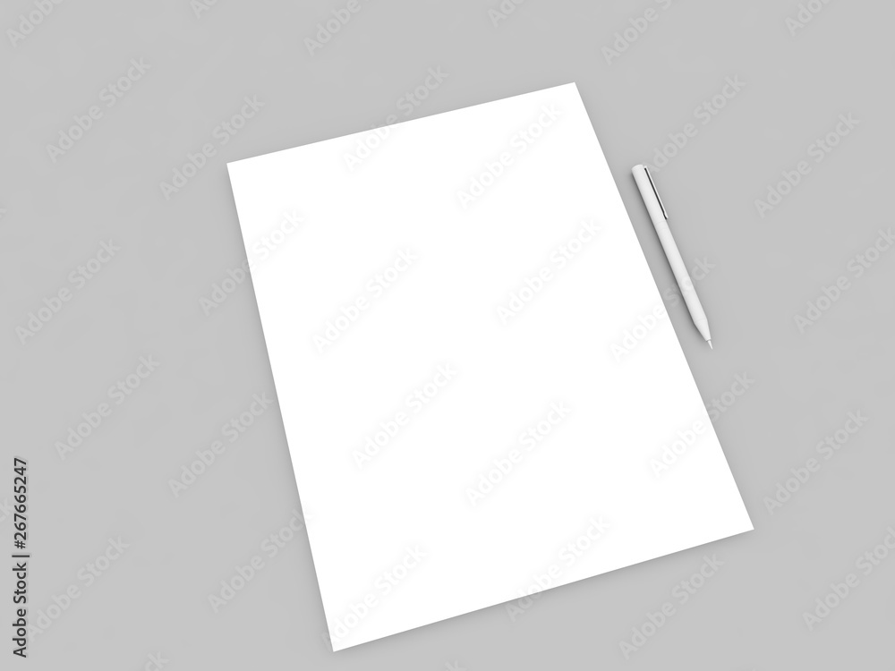 Pen and a sheet of white paper on a gray background. 3d render illustration. Pen and a sheet of white paper on a gray background. 3d render illustration.