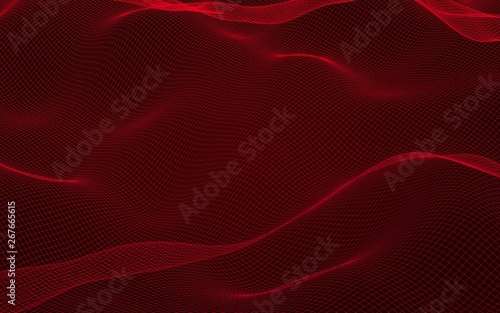 Abstract landscape on a red background. Cyberspace grid. hi tech network. 3D illustration