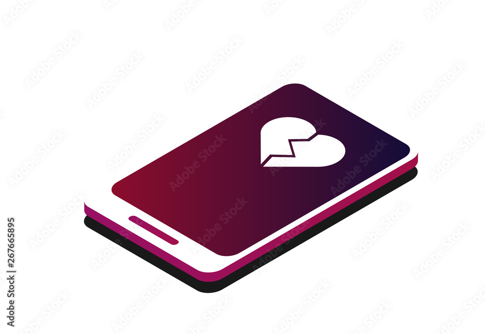 Isometric phone and a broken heart. Like in social networks. Dating on the Internet. Smartphone and approval Isometric phone and a broken heart. Like in social networks. Dating on the Internet. Smartphone and approval