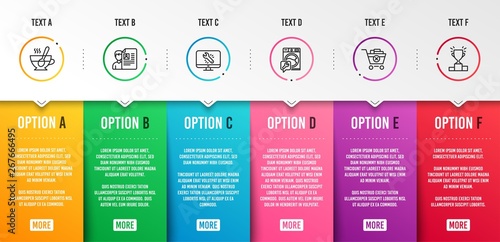 Remove purchase, Job interview and Washing machine icons simple set. Tea cup, Monitor repair and Winner podium signs. Delete from cart, Cv file. Business set. Infographic template. 6 steps timeline