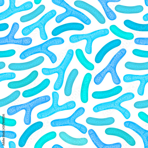 Seamless pattern with probiotics. Lactic acid bacterium. Bifidobacterium, lactobacillus. Microbiome. Microbiota. Medicine or dietary supplements for gastrointestinal health. Label, wrapping. Vector