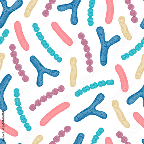 Seamless pattern with probiotics. Bifidobacterium, lactobacillus, streptococcus thermophilus, lactococcus, propionibacterium. Medicine or dietary supplements for gastrointestinal health. Vector, eps10