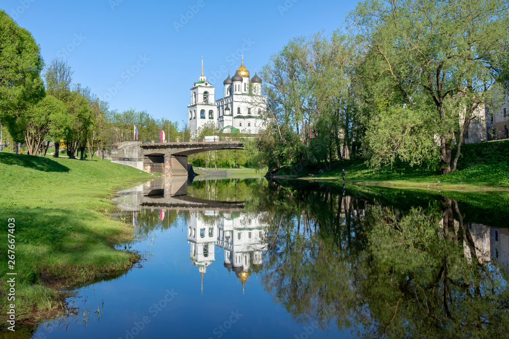 the Pskova river, Trinity Cathedral, Troitsky bridge the Pskova river, Trinity Cathedral, Troitsky bridge