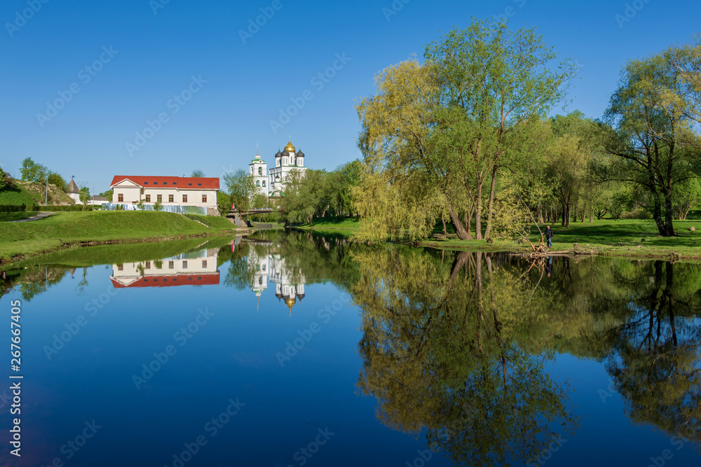 Pskov river, view of Trinity Cathedral