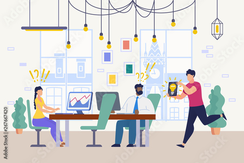 Smart New Idea for Business, Problem Unexpected Solution, Innovation in Work Flat Vector Concept. Company Office Workers Sitting at Desks, Surprised Because of Colleague Brilliant Idea Illustration