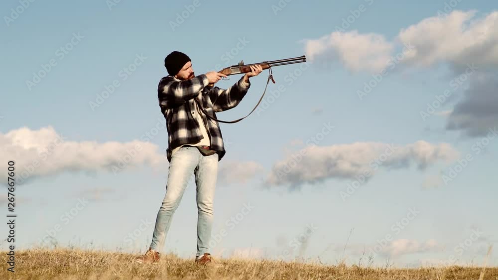 Autumn hunting season. Man with gun. Calibers of hunting rifles ...