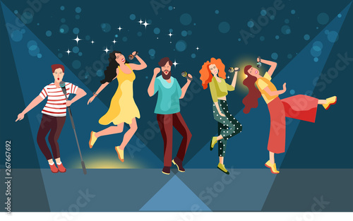 Girls and boys perform in a music show, TV shows on television. Singing and dancing with microphones young people show a concert for the audience. Vector illustration