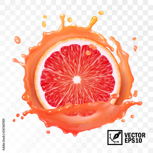 Fotografia, Obraz 3d realistic vector sliced grapefruit in a transparent splash of juice with drop