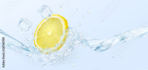 Fresh cold pure flavored water with lemon wave splash. Lemon fruit infused water or lemonade wave swirl. Healthy flavored detox drink splash concept with lemon fruit and ice cubes. 3D