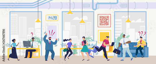 Angry Boss Screaming on Employees Because of Mistakes, Project Deadline Fail, Scared Office Workers Running Away from Mad, Aggressive Colleague Cartoon Vector Illustration. Stress at Work Concept
