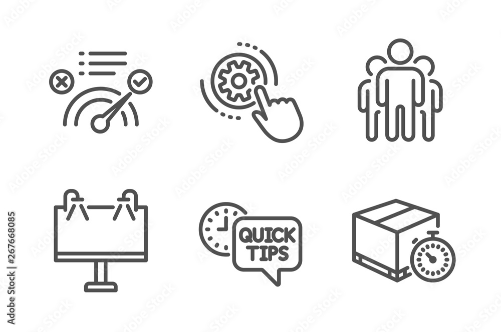 Group, Road banner and Correct answer icons simple set. Cogwheel settings, Quick tips and Delivery timer signs. Managers, Advertisement. Business set. Line group icon. Editable stroke. Vector Group, Road banner and Correct answer icons simple set. Cogwheel settings, Quick tips and Delivery timer signs. Managers, Advertisement. Business set. Line group icon. Editable stroke. Vector