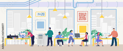 Daily Work and Office Routine Flat Vector Concept. Multinational Employees Sitting at Desk, Working on Computer, Doing Standard Paperwork, Communicating with Colleagues in Company Office Illustration photo