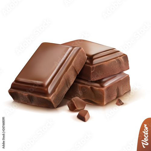 3d realistic isolated vector icon, three pieces of milk or dark chocolate with crumbs
