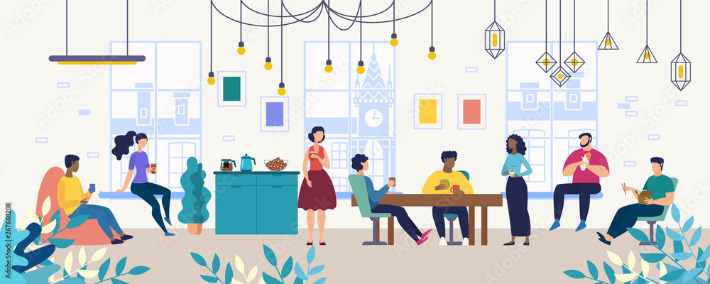 Obraz premium Lunch, Coffee Break with Colleagues in Company, Coworking Office Flat Vector Concept. Multinational Employees, Workers Gathering Together for Informal Conversation on Kitchen, Lounge Room Illustration