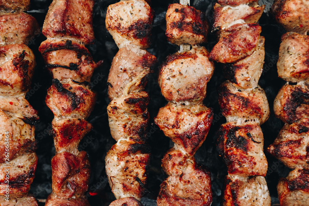 Closeup of some meat skewers being grilled in a barbecue Closeup of some meat skewers being grilled in a barbecue