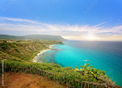 Fototapeta Naklejka Na Ścianę i Meble -  Capo Vaticano Ricadi Promontory in Calabria at sunset - Jagged coastline, azure sea and sandy beaches - Calabria, Italy
