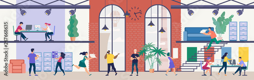 Modern Office Work, Time Management in Business Flat Vector Concept. Company Employees Working Together in Spacious Office, Boss Showing on Clock When Personnel Running Around with Papers Illustration