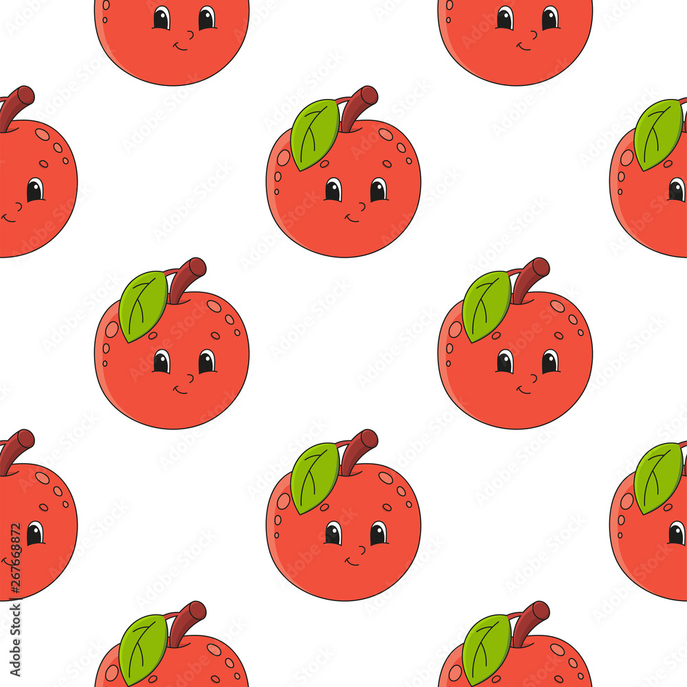 Happy apple. Colored seamless pattern with cute cartoon character. Simple flat vector illustration isolated on white background. Design wallpaper, fabric, wrapping paper, covers, websites. Happy apple. Colored seamless pattern with cute cartoon character. Simple flat vector illustration isolated on white background. Design wallpaper, fabric, wrapping paper, covers, websites.