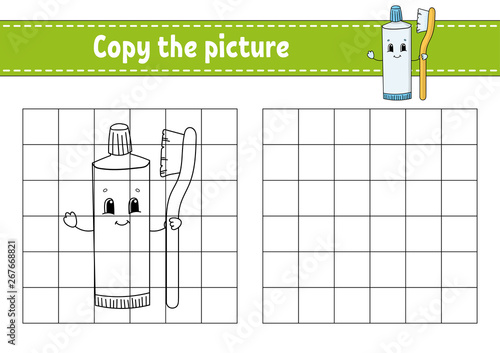 Copy the picture. Coloring book pages for kids. Education developing worksheet. Game for children. Handwriting practice. Funny character. Cute cartoon vector illustration.