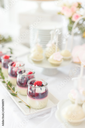 Sweet table at wedding reception or birthday party. Selection of cake pops and mini panna cotta jars.