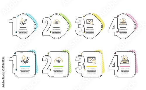 Quick tips, Search photo and Plants watering icons simple set. Typewriter sign. Helpful tricks, Find image, Water drop. Inspiration. Business set. Infographic timeline. Line quick tips icon. Vector