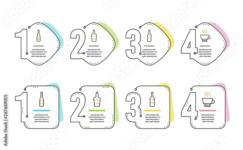 Wine, Champagne and Scotch bottle icons simple set. Espresso sign. Merlot bottle, Celebration drink, Brandy alcohol. Hot drink. Food and drink set. Infographic timeline. Line wine icon. Vector