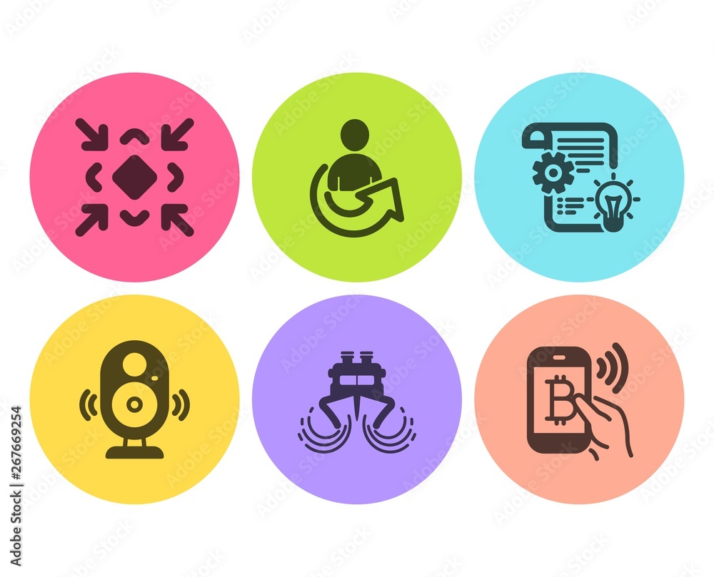 Share, Ship and Minimize icons simple set. Speaker, Cogwheel and Bitcoin pay signs. Referral person, Shipping watercraft. Technology set. Flat share icon. Circle button. Vector Share, Ship and Minimize icons simple set. Speaker, Cogwheel and Bitcoin pay signs. Referral person, Shipping watercraft. Technology set. Flat share icon. Circle button. Vector