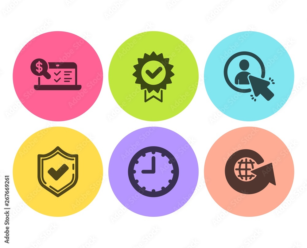 Confirmed, Certificate and Time icons simple set. User, Online accounting and World globe signs. Accepted message, Verified award. Technology set. Flat confirmed icon. Circle button. Vector Confirmed, Certificate and Time icons simple set. User, Online accounting and World globe signs. Accepted message, Verified award. Technology set. Flat confirmed icon. Circle button. Vector