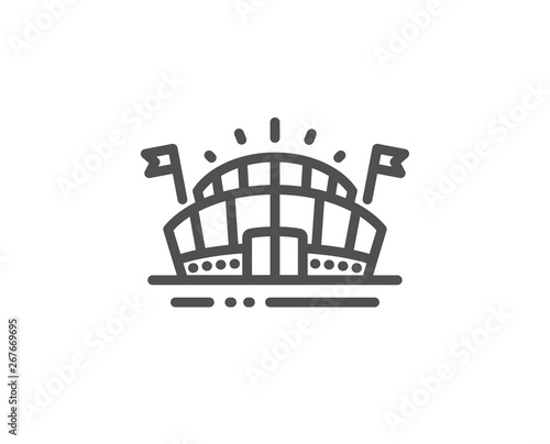 Sports arena line icon. Stadium with flags sign. Sport complex symbol. Quality design element. Linear style sports arena icon. Editable stroke. Vector