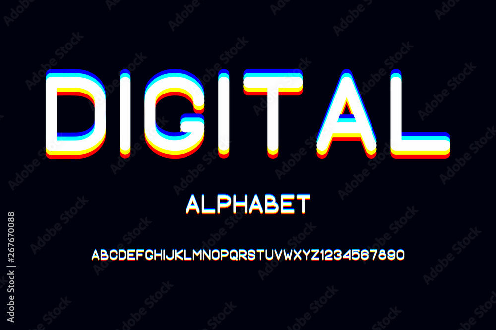 Overlap glitch font. Rounded color alphabet with overlay effect. Vector illustration.