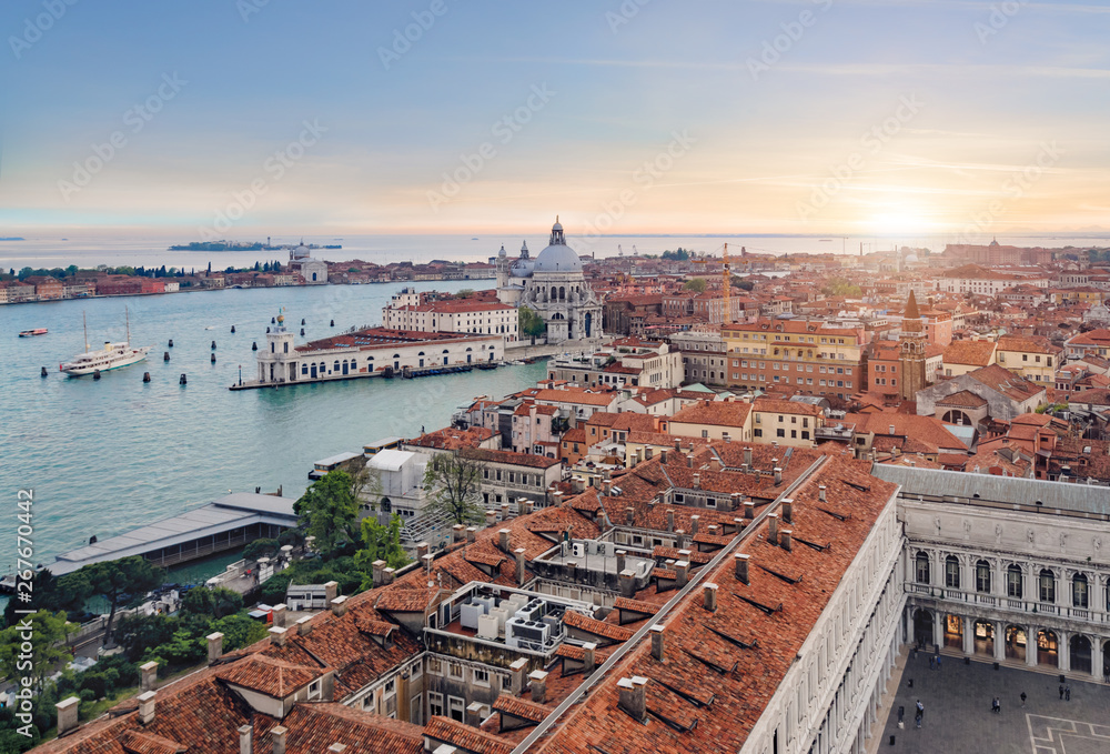 Panoramic aerial cityscape of Venice in sunset