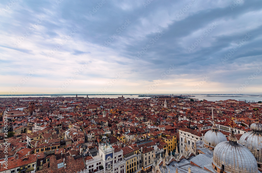 Panoramic aerial cityscape of, Venice in dramatic sunset