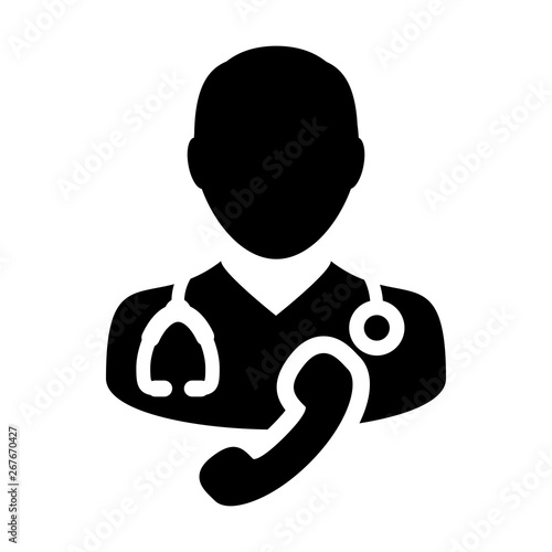 Healthcare icon vector male doctor person profile avatar symbol with Stethoscope and phone for medical consultation in Glyph Pictogram illustration