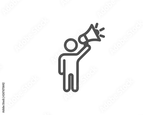 Brand ambassador line icon. Holding megaphone sign. Advertisement device symbol. Quality design element. Linear style brand ambassador icon. Editable stroke. Vector