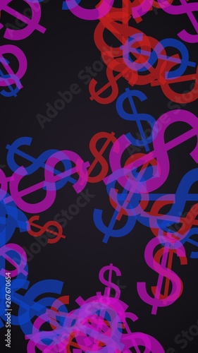 Multicolored translucent dollar signs on dark background. Red tones. 3D illustration