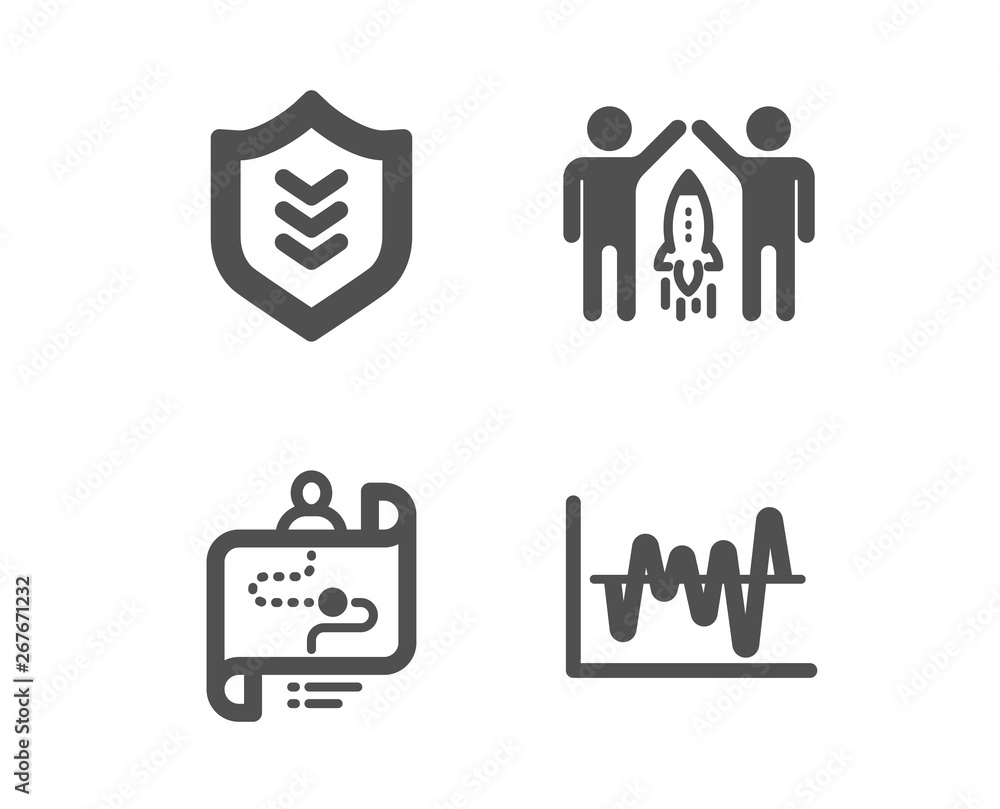 Set of Partnership, Journey path and Shield icons. Stock analysis sign. Business startup, Project process, Protection or security. Business trade. Classic design partnership icon. Flat design. Vector Set of Partnership, Journey path and Shield icons. Stock analysis sign. Business startup, Project process, Protection or security. Business trade. Classic design partnership icon. Flat design. Vector