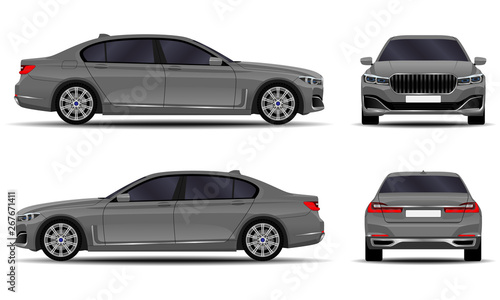 realistic car. sedan. front view  side view  back view.