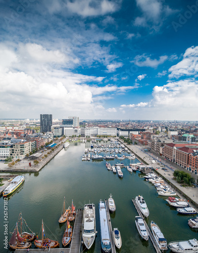 View from above of Kattendijkdok-Westkaai and Jachthaven Willemdok marina, Antwerp, Belgium