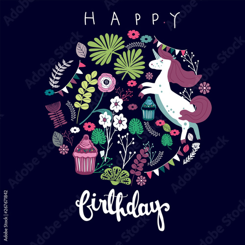 Cute magic Unicorns on a floral background.  Romantic hand drawing illustration