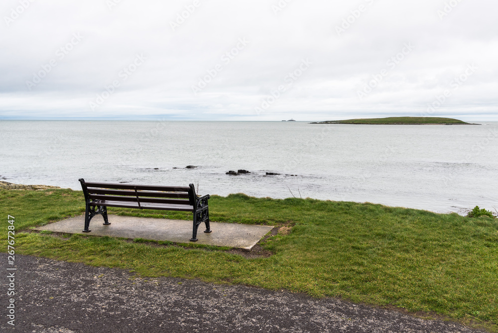 Empty bench facing the ocean on an overcast winter day Empty bench facing the ocean on an overcast winter day