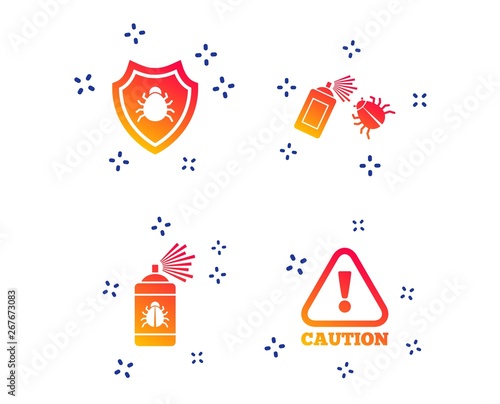 Bug disinfection icons. Caution attention and shield symbols. Insect fumigation spray sign. Random dynamic shapes. Gradient disinfection icon. Vector