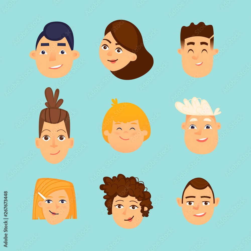 Avatars of children, children's faces, portrait. Flat design vector illustration. Avatars of children, children's faces, portrait. Flat design vector illustration.