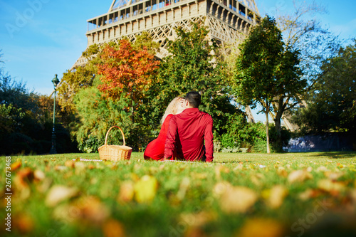 Romantic couple having picnic on the grass near the Eiffel tower photo