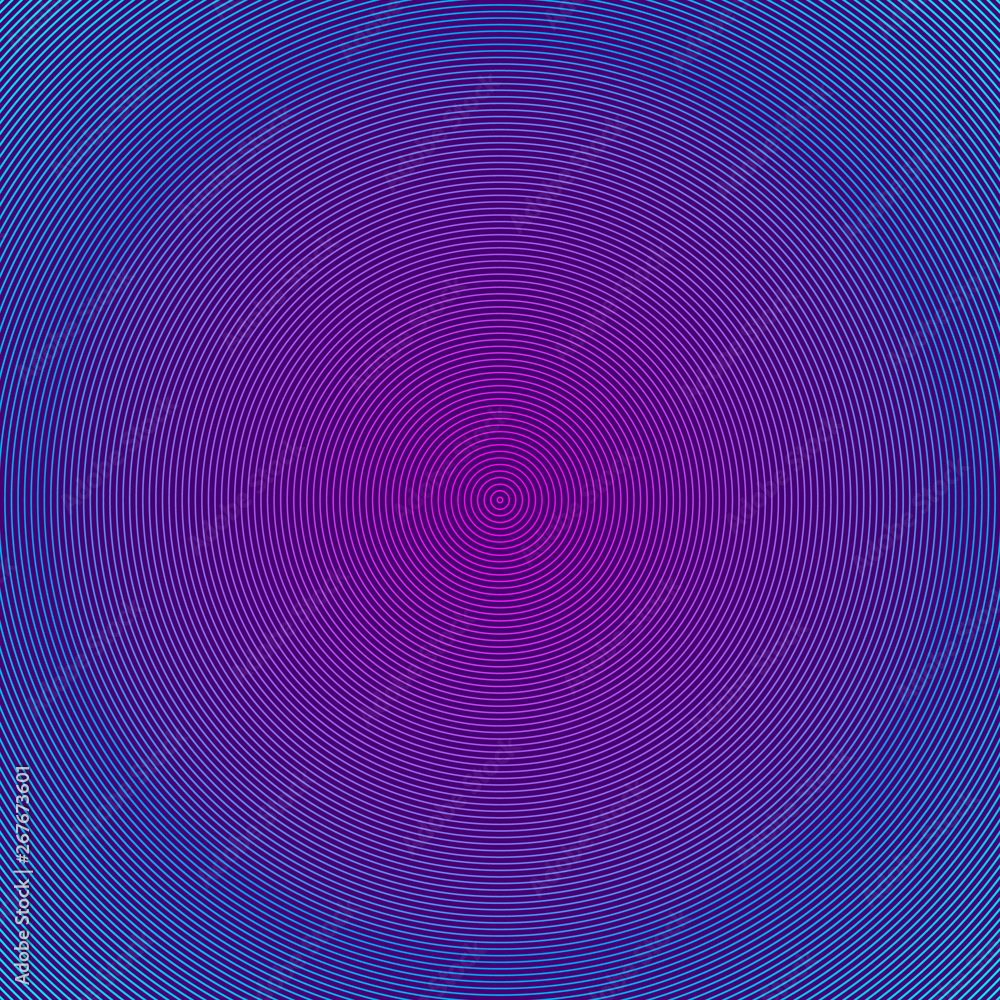 Abstract neon background. Retro 1980 style bright wavy background. Synthwave sci-fi backdrop. Easy to edit template for your design. Concentric circles. Optical illusion vector illustration.