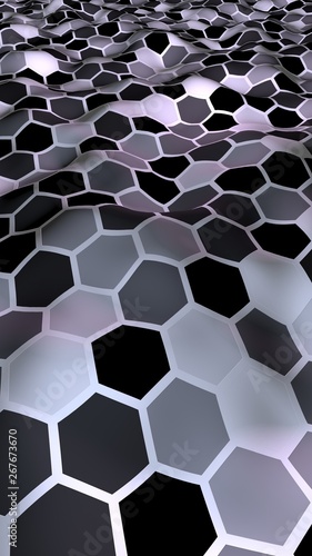Honeycomb with a gradient color. Perspective view on polygon look like honeycomb. Wavy surface. Isometric geometry. 3D illustration © Plastic man