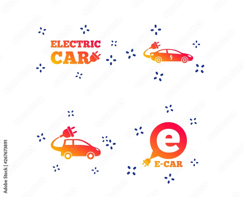 Naklejka premium Electric car icons. Sedan and Hatchback transport symbols. Eco fuel vehicles signs. Random dynamic shapes. Gradient car icon. Vector