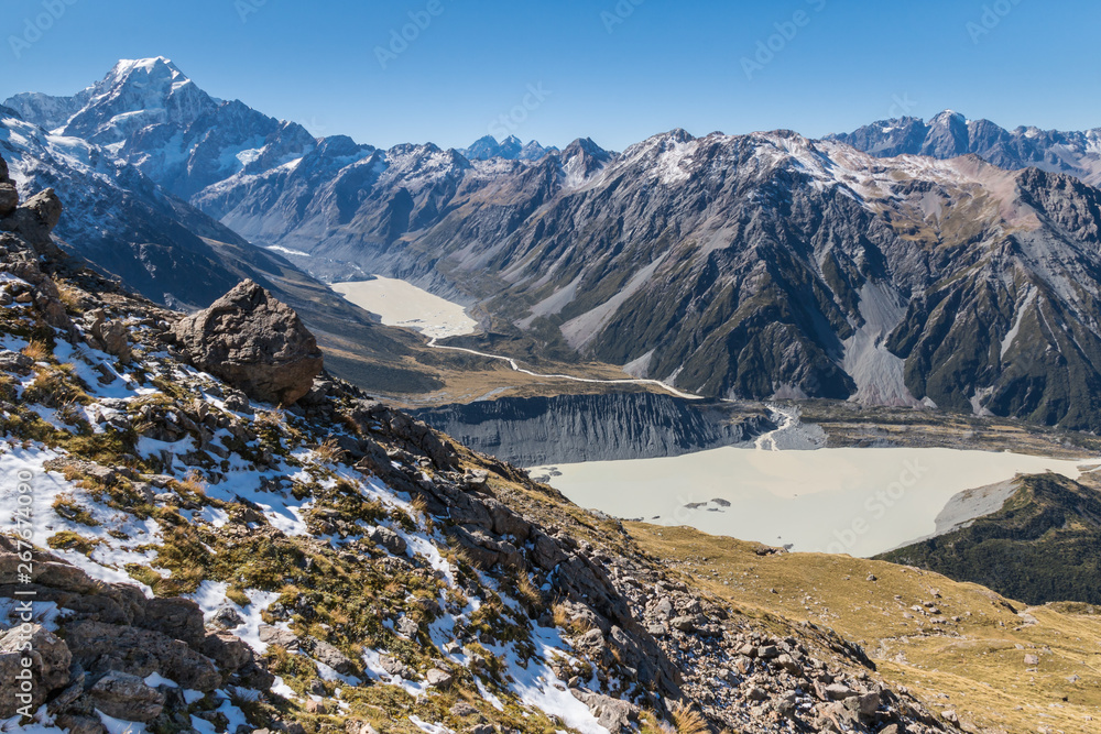 aerial view of Mueller Lake, Hooker Valley and Mount Cook in Southern Alps, New Zealand