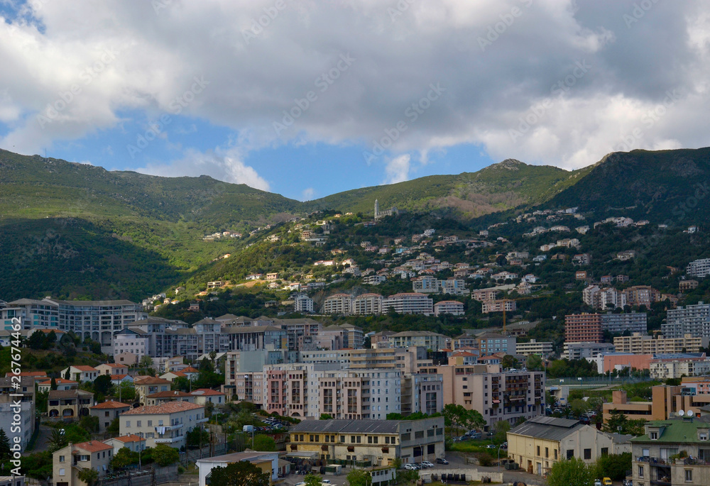 View on the mountain part of Bastia city, Corsica, France