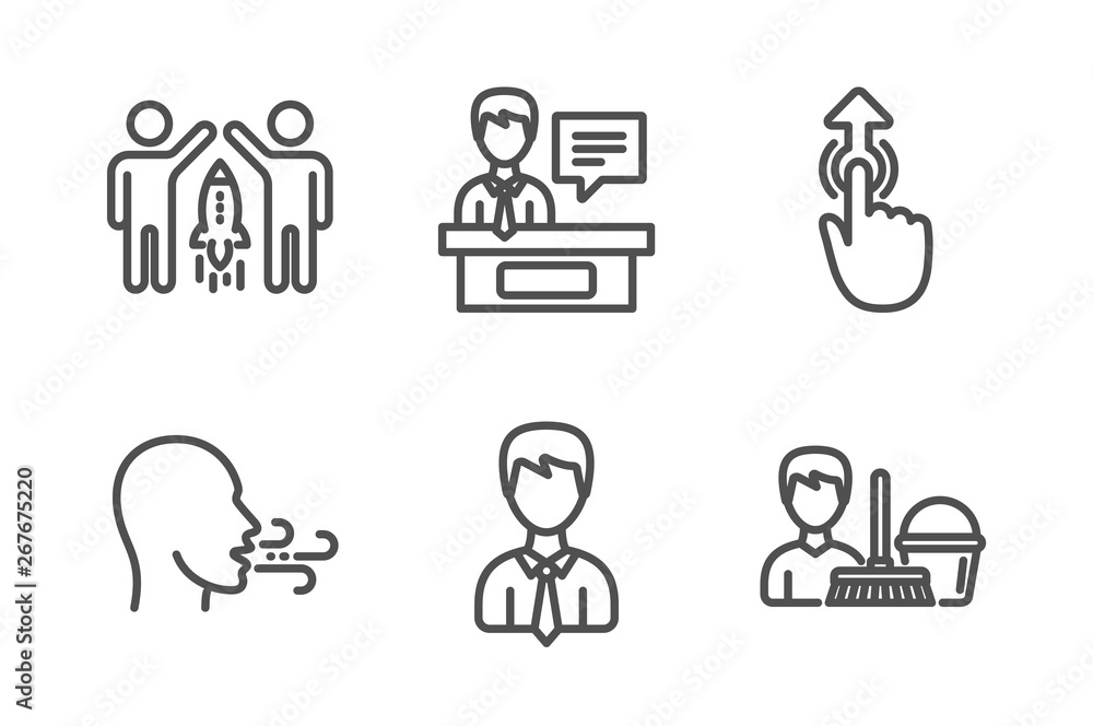 Businessman, Breathing exercise and Partnership icons simple set. Exhibitors, Swipe up and Cleaning service signs. User data, Breath. People set. Line businessman icon. Editable stroke. Vector